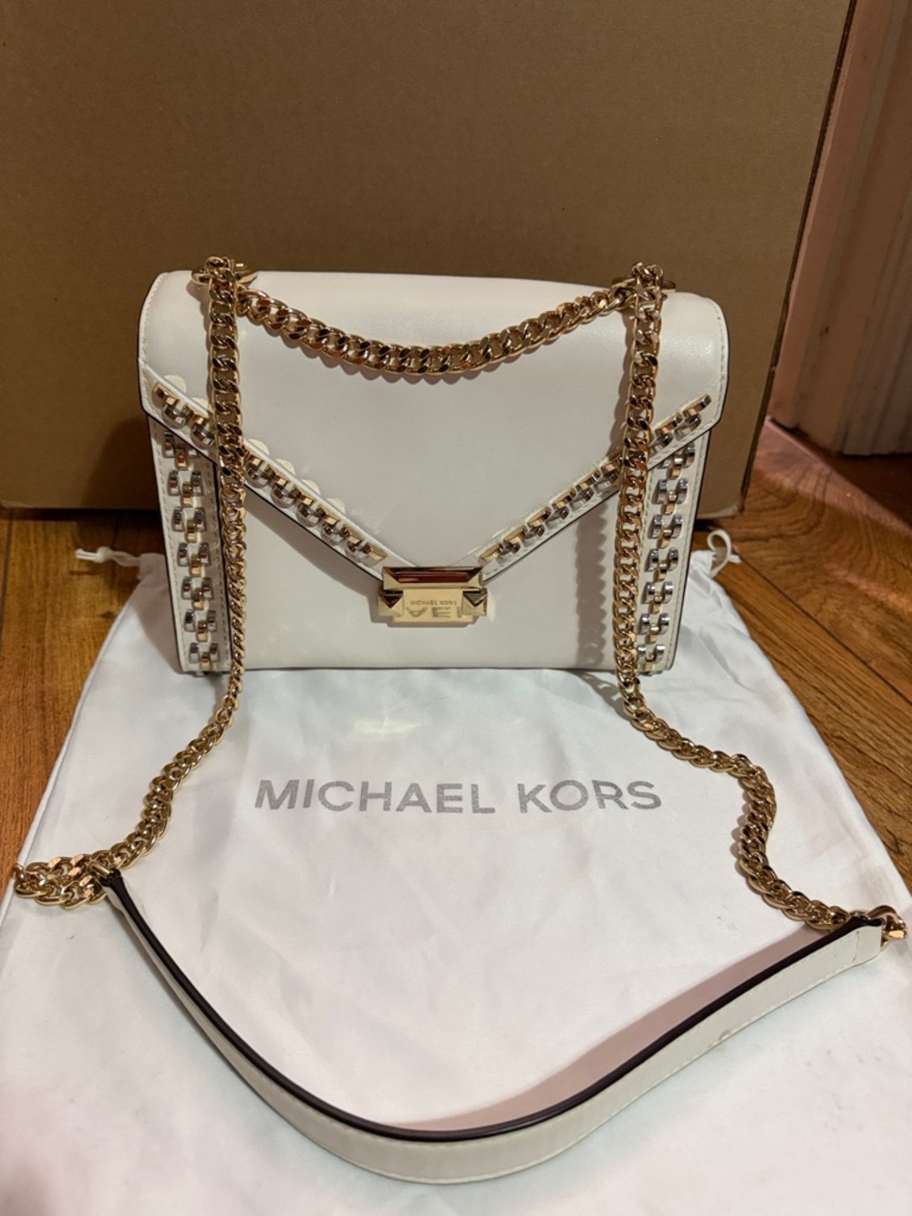 Michael Kors White Leather Chain Crossbody with Gold-Tone Hardware